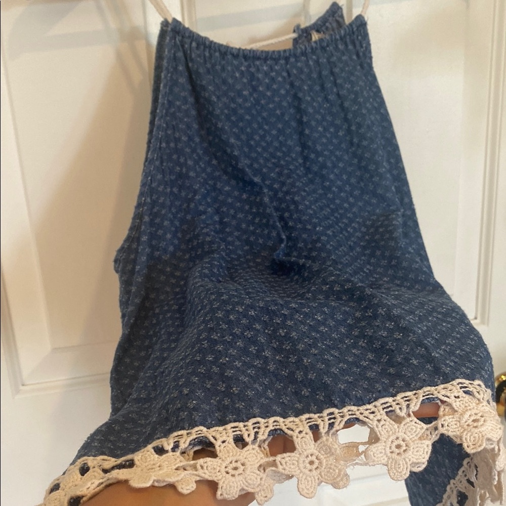 Blue Floral Lace Trim Tank Top